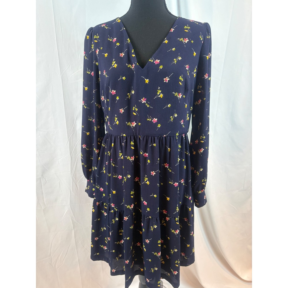 Navy Blue‎ Floral Tiered Mini Dress Long Sleeve V Neck - Picture 5 of 11